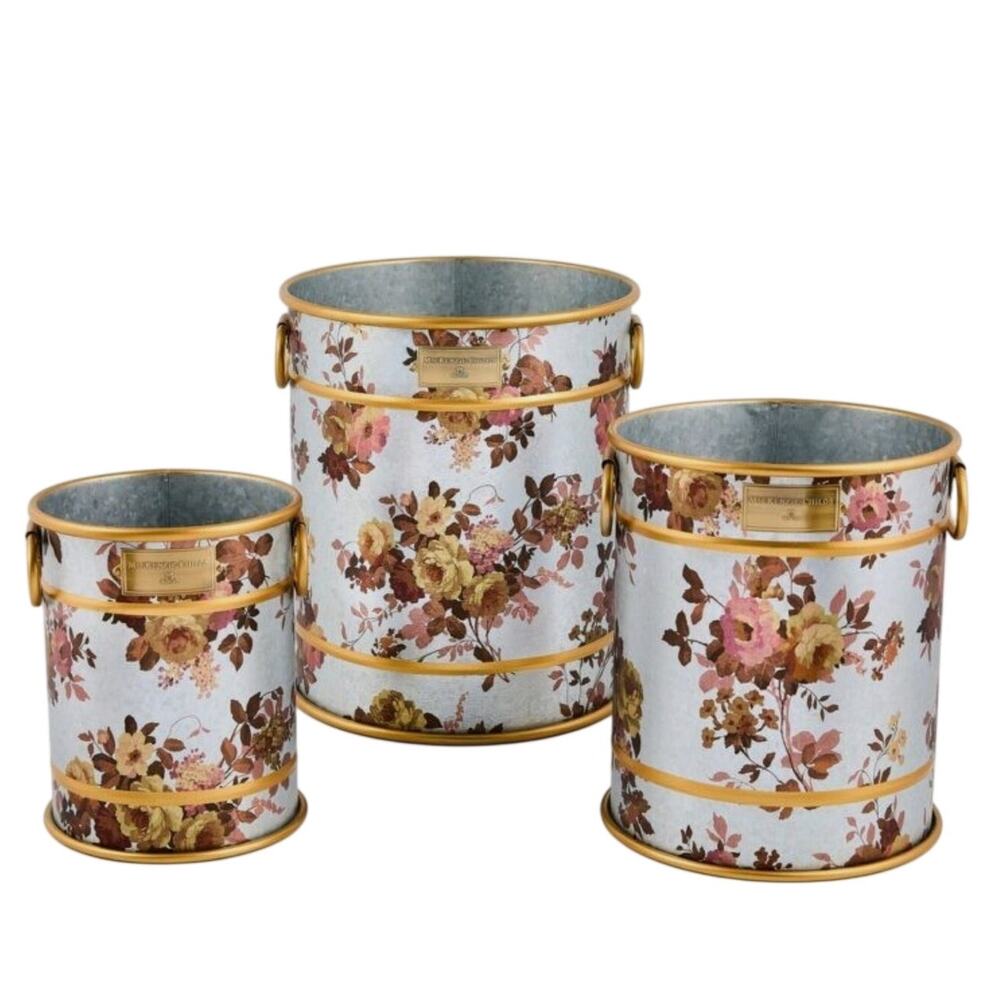 MacKenzie-Childs Wild Rose Galvanized Planters Set of 3 Metal Flower Pot Garden